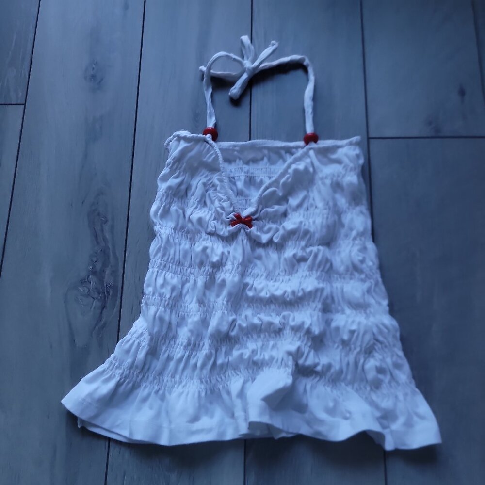 Handmade Lace Smocked White & Red Bow Bodycon Halter Top - Picture 3 of 5